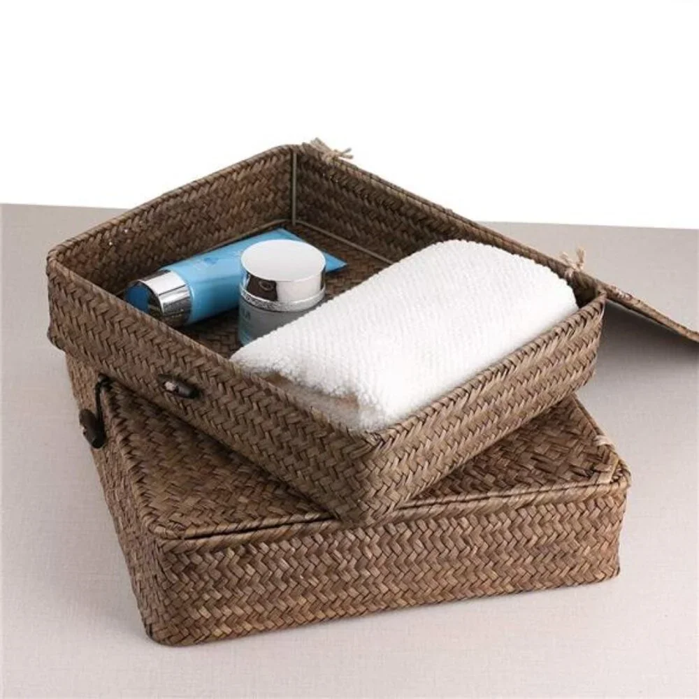 Set of 2 Flat Woven Wicker Storage Bins with Lid Natural Seagrass Basket